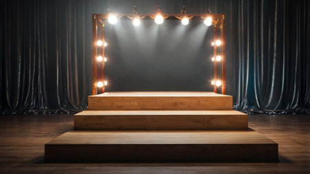 Stage with wooden podium, curtains and spotlights. 3d renderの写真素材
