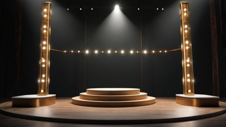 Round podium illuminated with spotlights. Award ceremony concept. 3D Renderingの写真素材