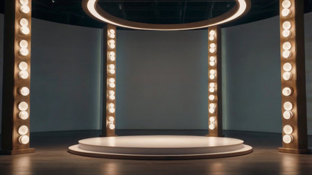 3d rendering, round podium in a showroom with spotlightsの写真素材