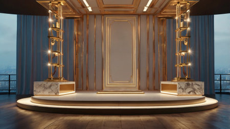 3D rendering of a golden podium in the showroom, illuminated by spotlightsの写真素材