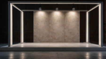 Empty exhibition hall with spotlights and concrete floor. 3d rendering