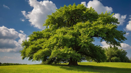 Big oak tree in a meadow with blue sky and white cloudsの写真素材