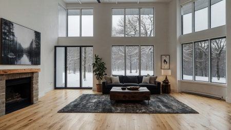 Interior of modern living room with fireplace, wooden floor and black sofa