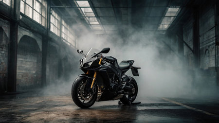 Black sport bike in an industrial interior with smoke. 3d rendering