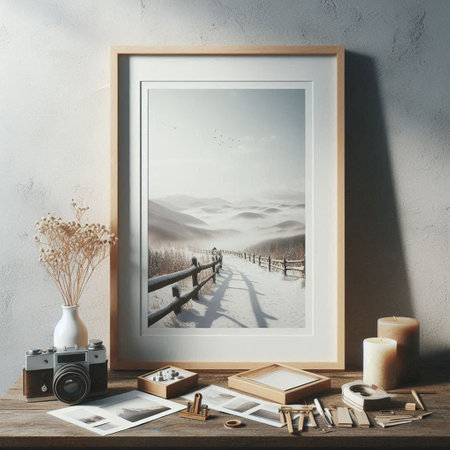 Wooden frame mockup with winter landscape and photo. 3d renderingの写真素材