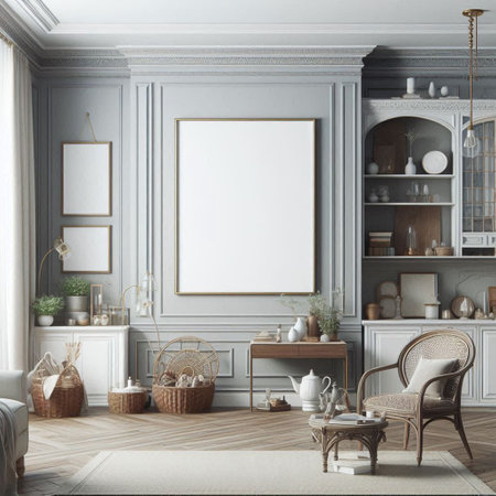 Mock up poster frame in classic interior background. 3d render