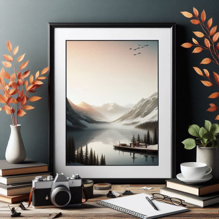 Modern interior with photo frame. Mock up, 3D Rendering