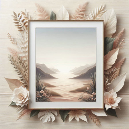 3d rendering of a picture frame on a wooden background with a beautiful landscape.