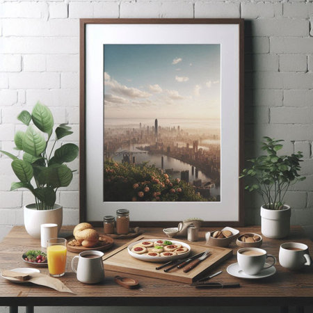 Breakfast with coffee, croissants and croissants on wooden table