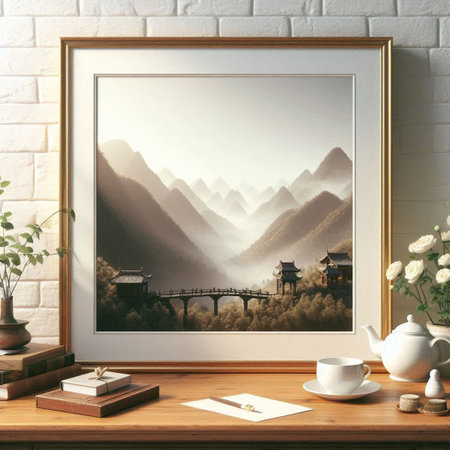 Mockup of a photo frame with a picture of the Japanese landscape in the interior