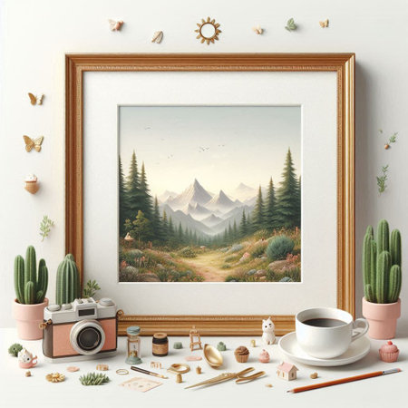 Mockup of a photo frame with a picture of a mountain landscape. 3D renderingの写真素材