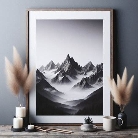 Mock up poster frame in interior background. 3d render illustrationの写真素材