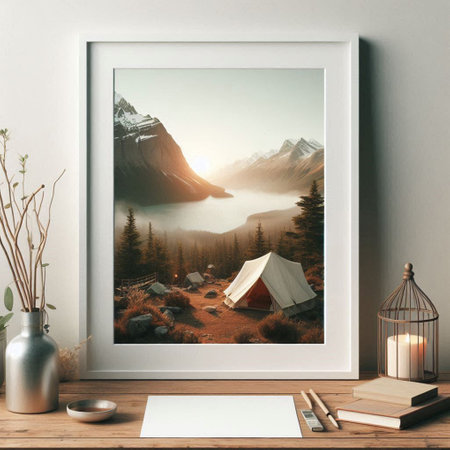 Camping in the mountains. Photo in a frame. 3d rendering