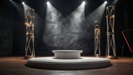 3d render of stage podium with lighting and spotlights in dark room