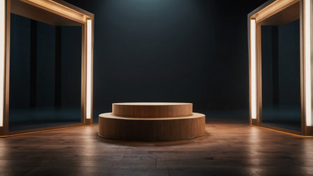 Round wooden podium in dark room with glowing lights. 3D rendering