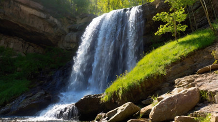 beautiful waterfall in the forest at the beginning of the spring.