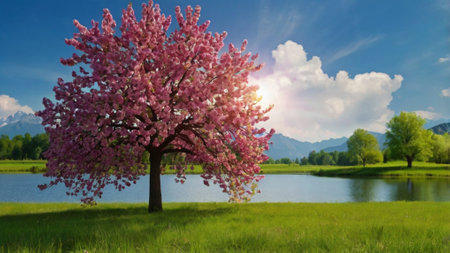 cherry blossom tree on a meadow with lake and mountains