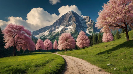 Beautiful pink cherry blossoms blooming in the Dolomites