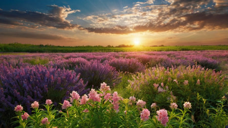 Sunset over blooming lavender field. Beautiful summer landscape.