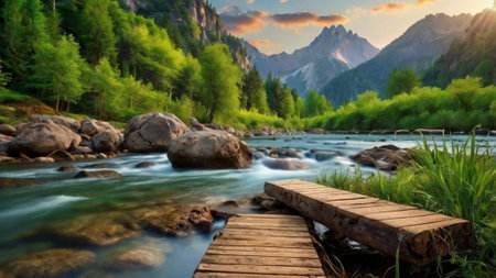 Wooden boardwalk on the background of a mountain river. Beautiful summer landscapeの写真素材