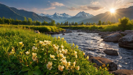 Beautiful mountain landscape with a mountain river and flowers in the foreground