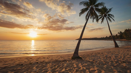 Palm trees on the beach at sunset in the tropics.の写真素材