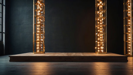3d rendering of stage with light bulbs in modern empty room.の写真素材