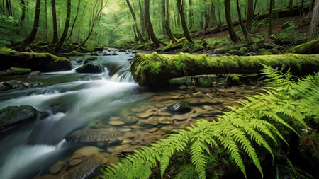 Mountain stream and ferns in the green forest in summerの写真素材