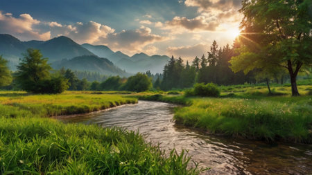 Beautiful summer landscape with a mountain river. Panoramic viewの写真素材