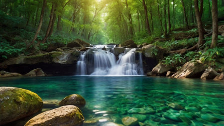 Waterfall in deep forest at Erawan waterfall National Park, Kanchanaburi, Thailandの写真素材