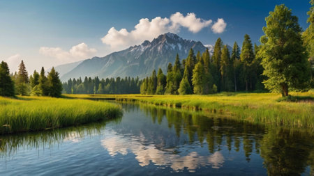Panoramic view of mountain lake with reflection in the water.の写真素材