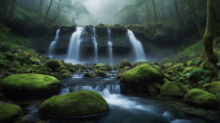 Panoramic view of beautiful waterfall in the misty forest.の写真素材