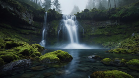 Waterfall in the forest with foggy background. Long exposure.