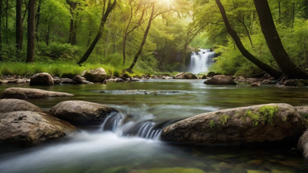 Waterfall in the green forest. Beautiful nature landscape. Soft focus.の写真素材