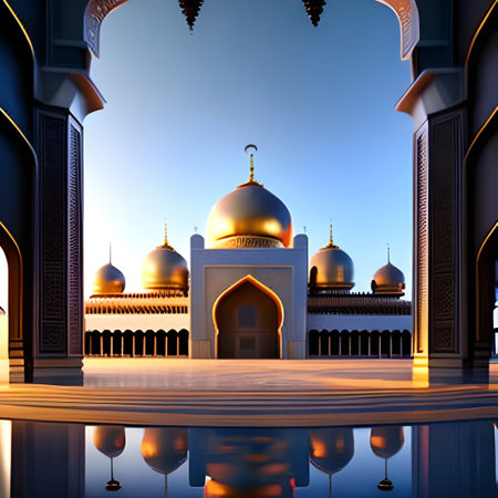 3D render of a mosque at sunset with reflection in the water