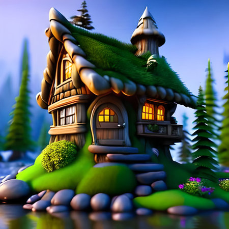 Fantasy house in the forest. 3D illustration. Fantasy world.の写真素材
