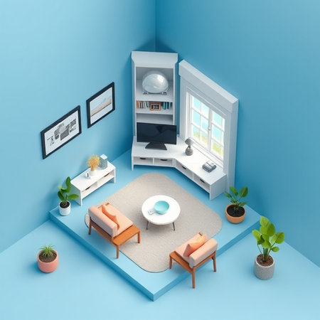 Interior of modern living room with blue walls, 3d renderの写真素材