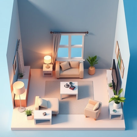 Interior of modern living room with blue walls, concrete floor, white sofa, coffee table and armchair. 3d renderingの写真素材