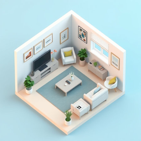 Interior of the living room in isometric view. 3D renderingの写真素材