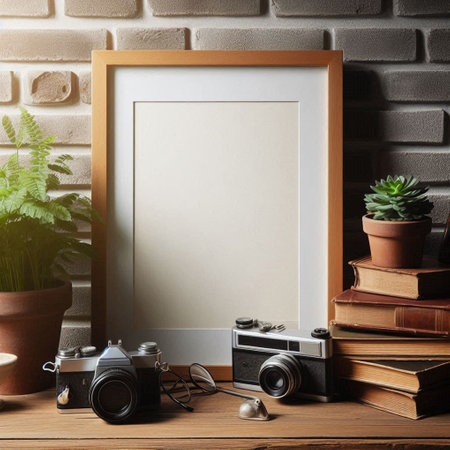Blank picture frame mockup with photo camera, books and plant on wooden table. 3d rendering