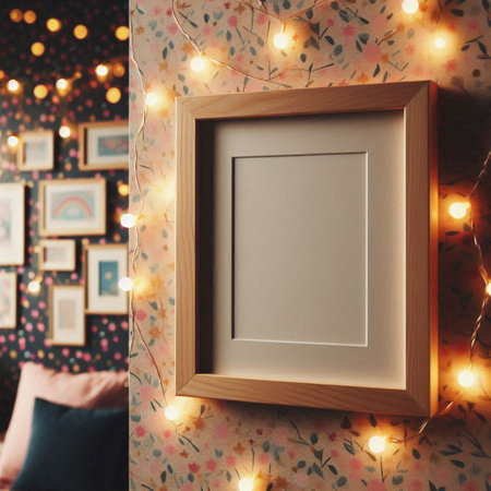 Blank photo frame in room with Christmas lights. Mock up for designの写真素材