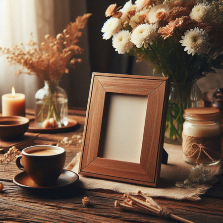 Cup of coffee and empty photo frame on rustic wooden table