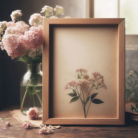 Wooden frame with flowers in vase on wooden table, vintage style