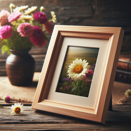 Beautiful flowers in vase and photo frame on brown wooden backgroundの写真素材