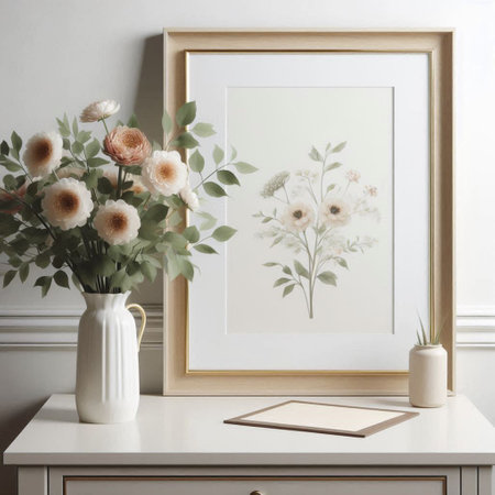 Mock up frame, vase with beautiful flowers on table in room