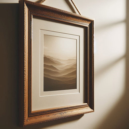 Wooden photo frame hanging on the wall. 3d rendering mock up