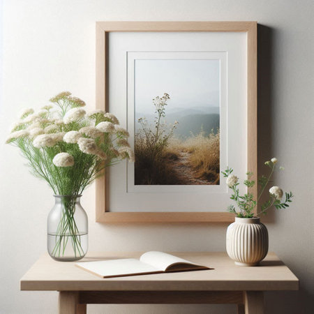 Mock up poster frame with white flowers in glass vase on wooden table