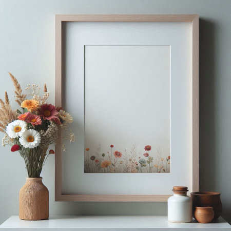 White frame mockup with dried flowers in vase. 3d render