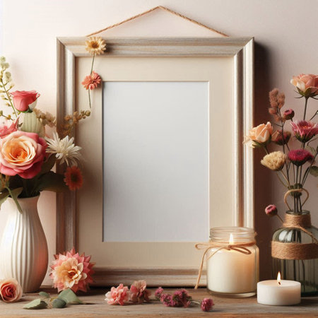 Mock up frame with beautiful flowers in vase on wooden table