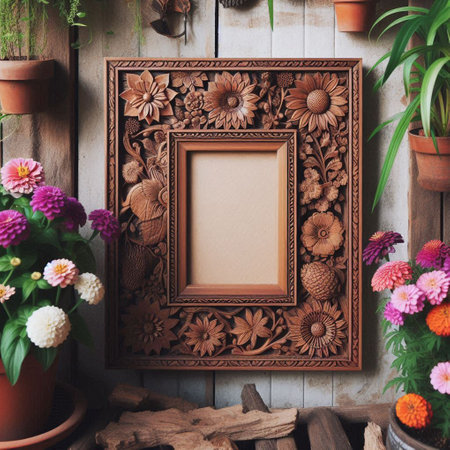Vintage picture frame on the wooden background with flowers and plants.